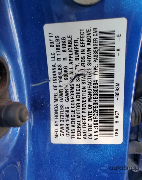 2017 Honda Civic Lx из США, поврежденный, VIN 19XFC2F59HE080594